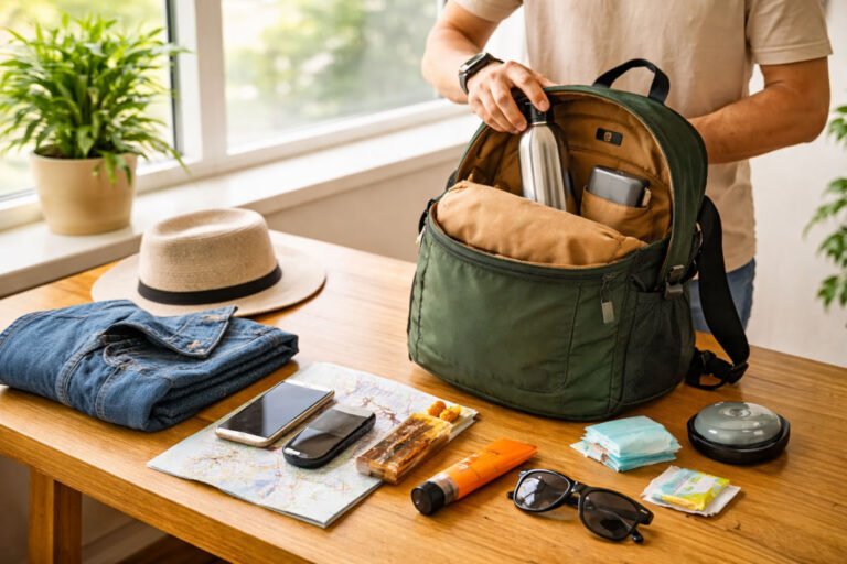 A man packing a day bag for a full day city walk.