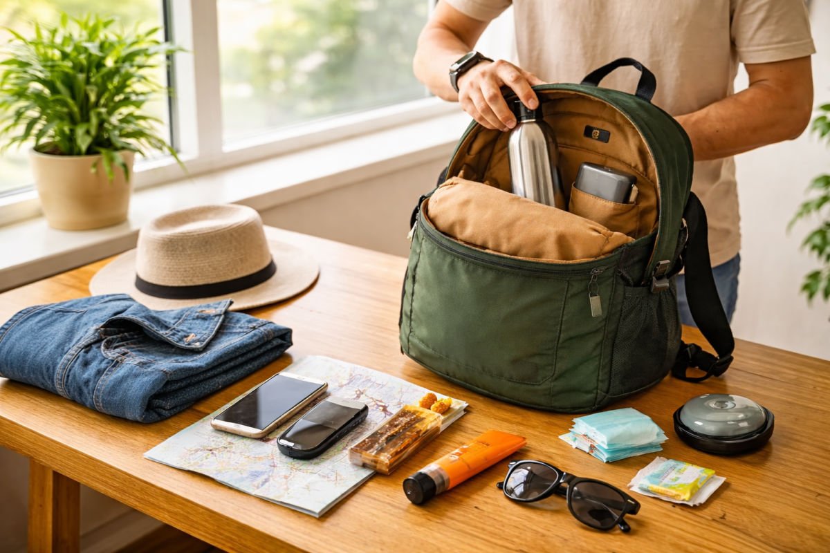 A man packing a day bag for a full day city walk.
