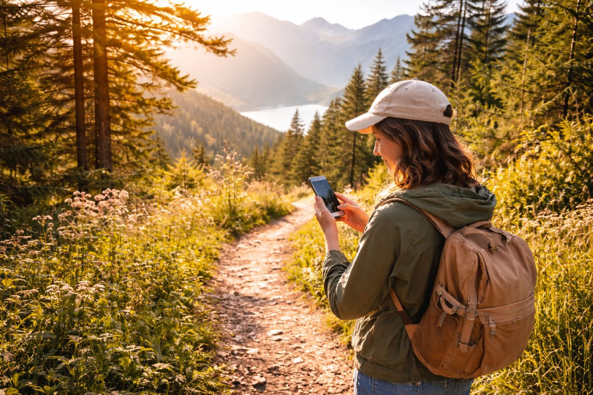 A woman walking a trail and checking her phone for information.