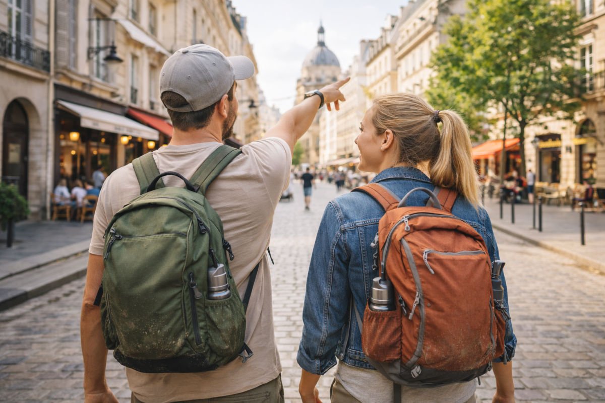 A happy tourist couple walking through a scenic city street.