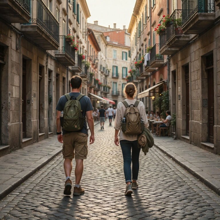 A couple of travelers walking down a cobbled city lane.
