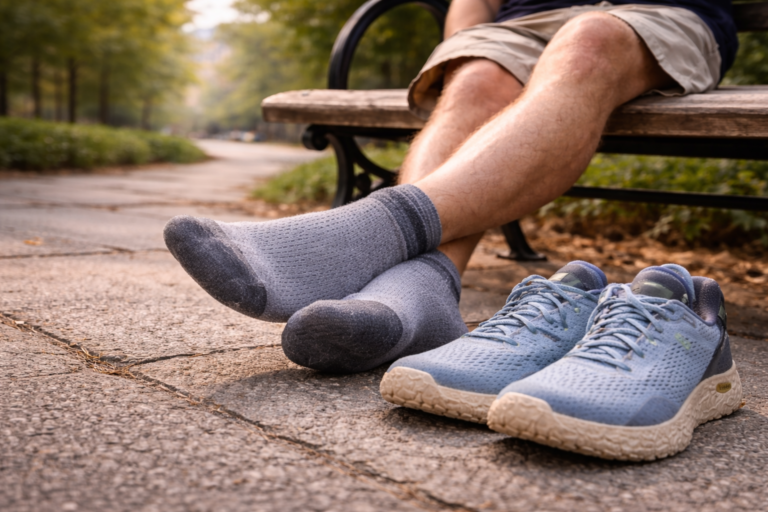 A walker sitting on a park bench with shoes off.