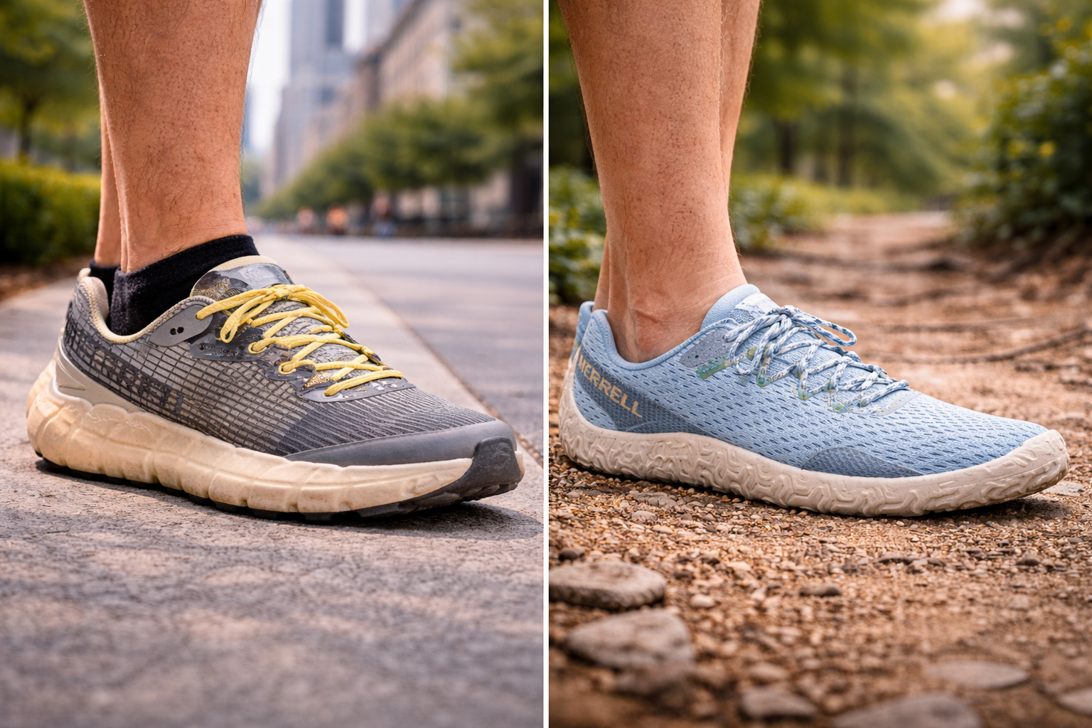 Cushioned and Minimal Walking Shoes Side-By-Side.