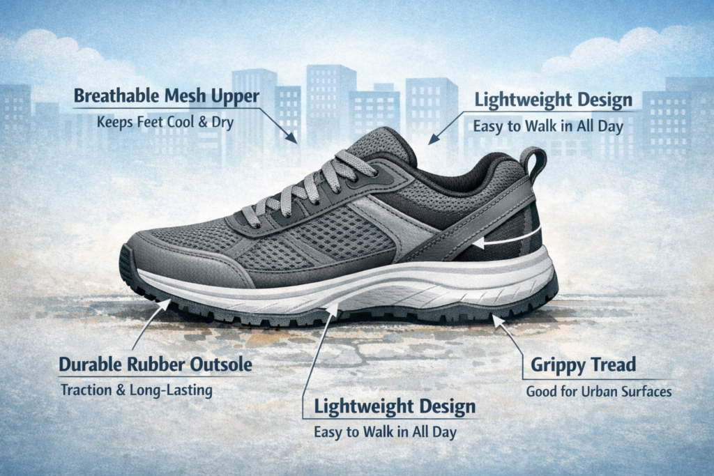 Shoe diagram showing key features of a good pair of walking shoes.