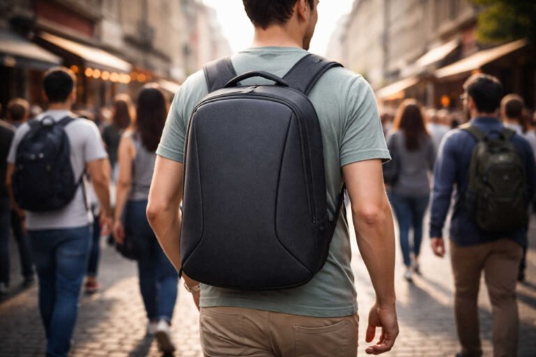 A man walking through a busy street with a backpack.