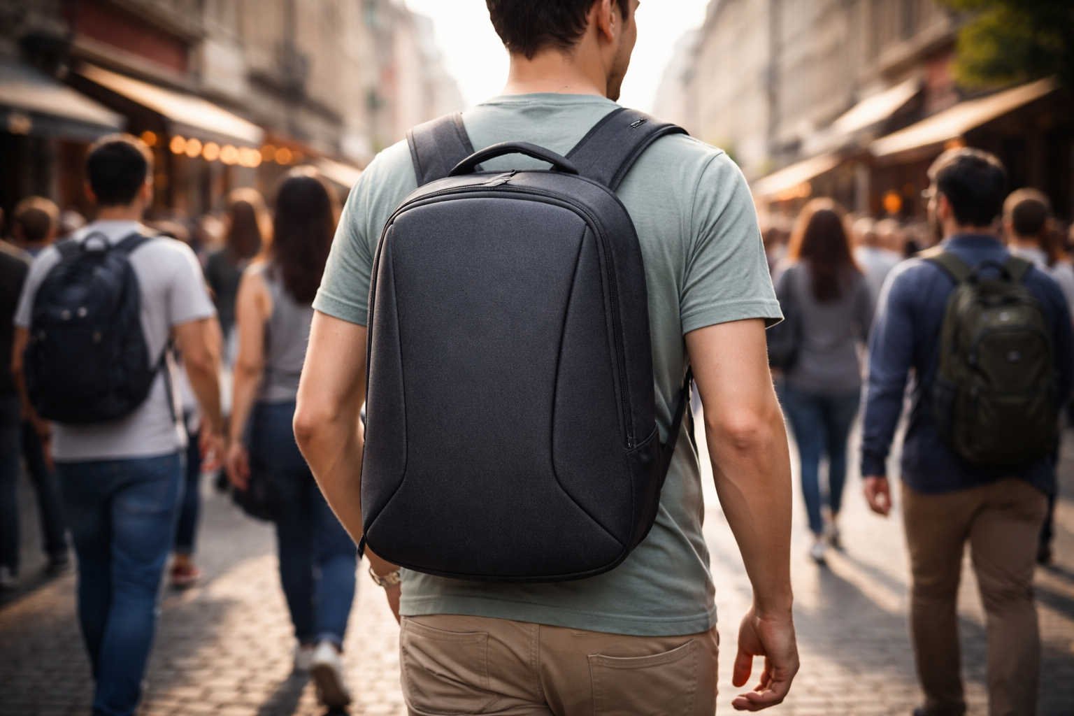A man walking through a busy street with a backpack.
