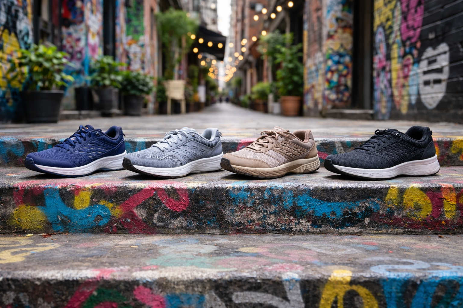 Various walking shoes sitting on some city steps.