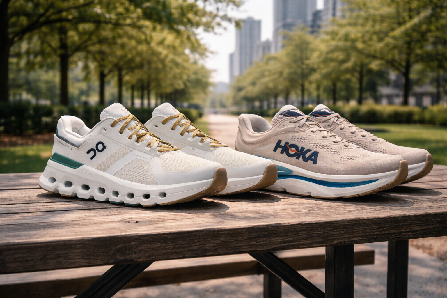 A pair of Hoka next to a pair of On Running shoes.