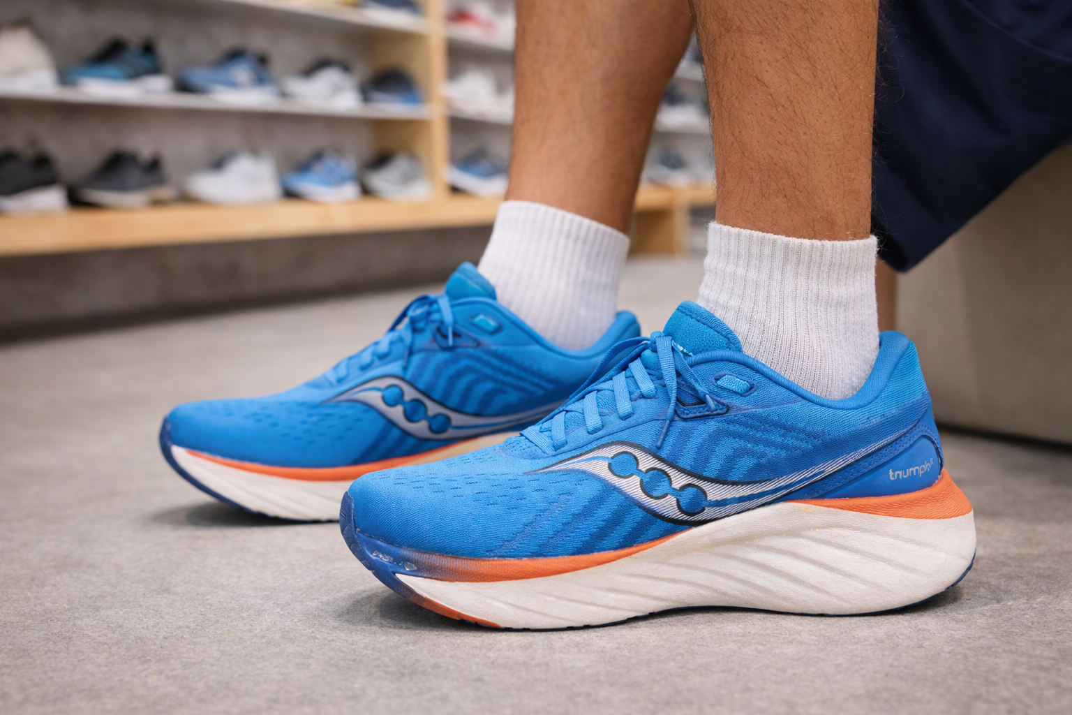 Trying on a pair of max cushioned shoes at the shoe shop.