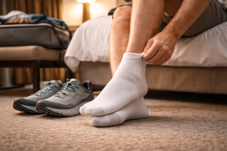 A walker sitting on a hotel bed adjusting his socks.