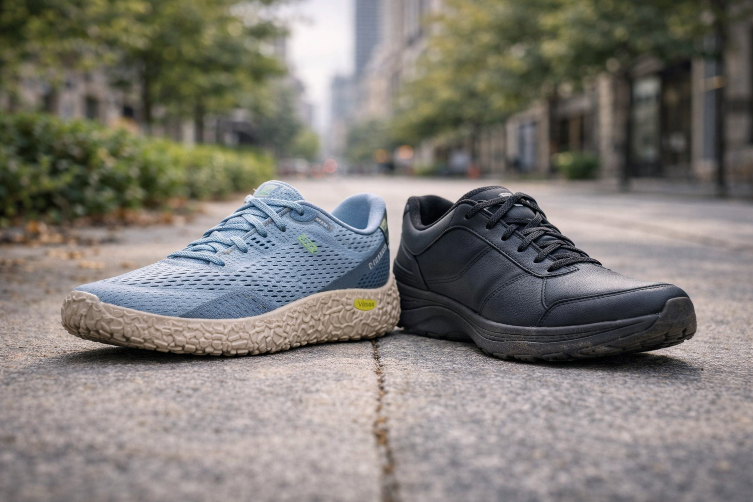 A mesh shoe next to a leather shoe on a city path.