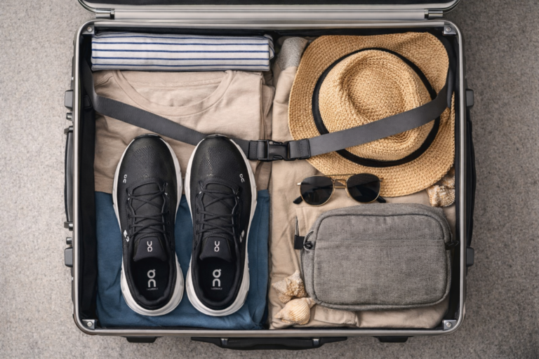 A suitcase with a pair of walking shoes and some other travel items.