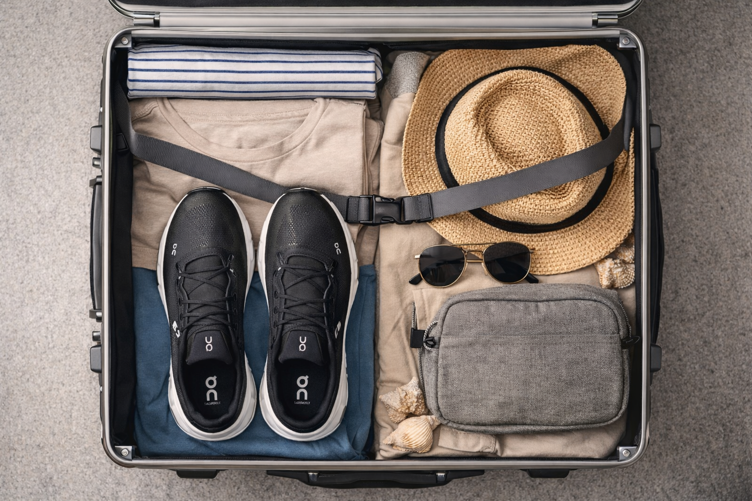 A suitcase with a pair of walking shoes and some other travel items.