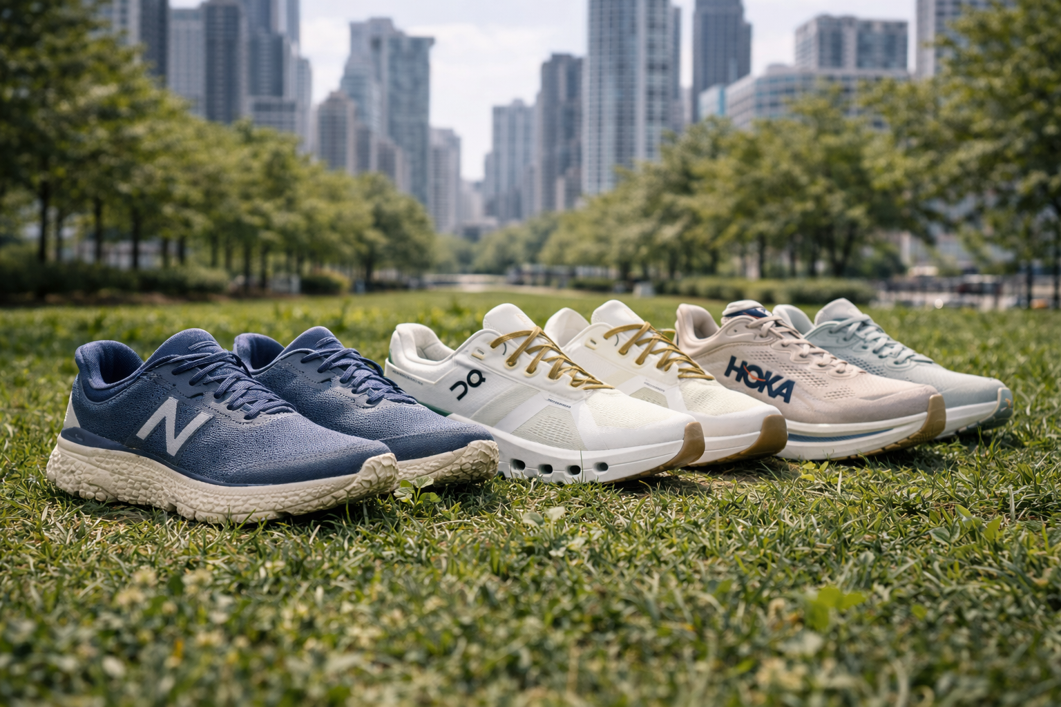 Various brands of walking shoes lined up on a grassy patch.