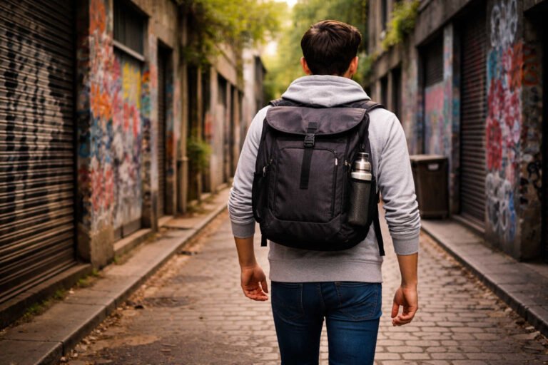 A man with a backpack walking through a quiet city lane.