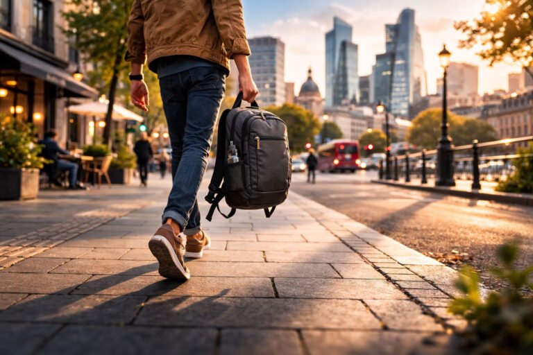 A man carrying a pack in the city.