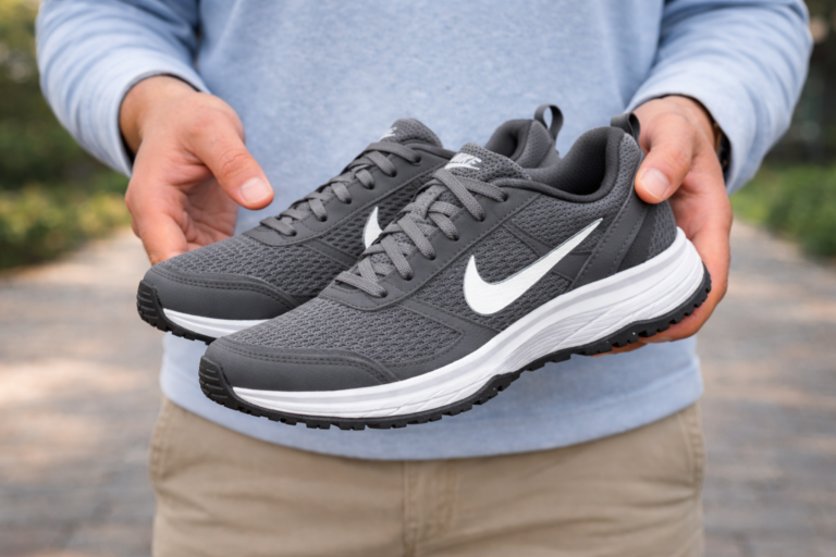 A man holding a pair of walking shoes.